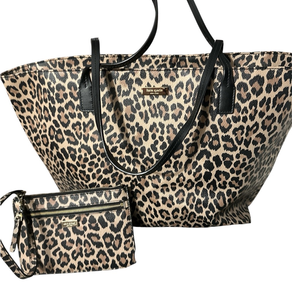 NWOT Kate Spade Tote with Leopard Print matching wristlet gold hardware cute - Picture 1 of 15